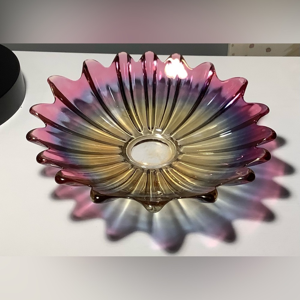 Sunburst Carnival Glass Plate 11 1/4 Sun Shaped Edges Multi Color